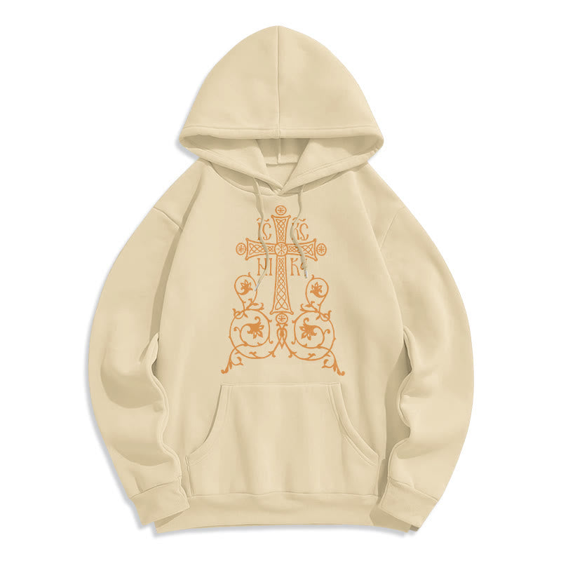 Classic Style Sacred Cross Emblem Floral Vines Fleece Lined Polyester Hoodie