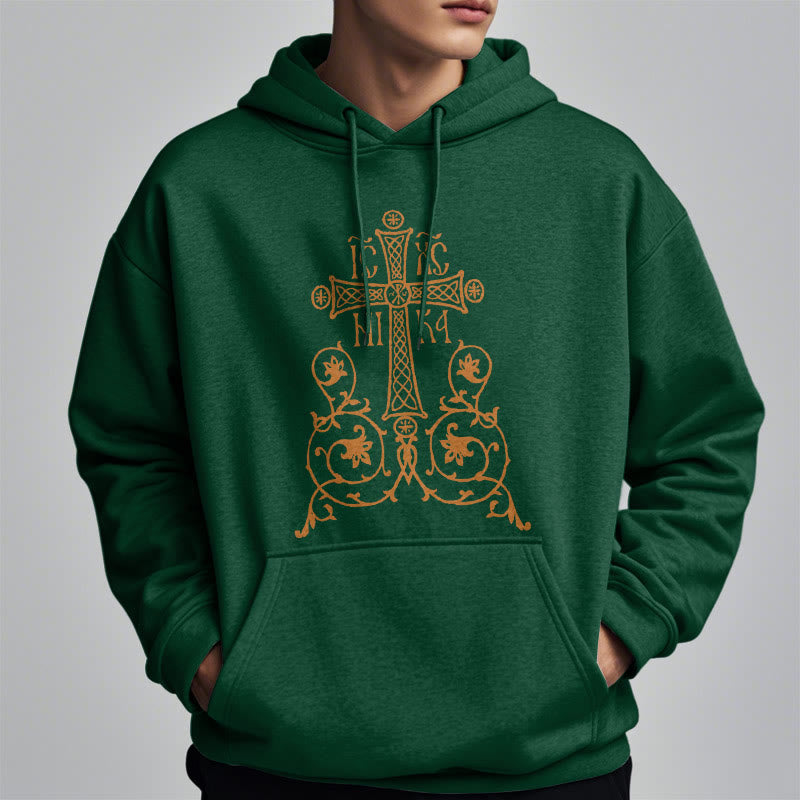 Classic Style Sacred Cross Emblem Floral Vines Fleece Lined Polyester Hoodie