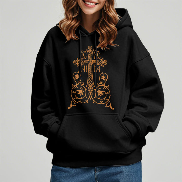 Classic Style Sacred Cross Emblem Floral Vines Fleece Lined Polyester Hoodie