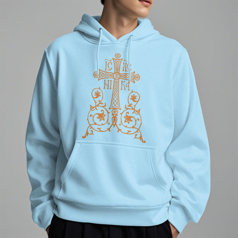 Classic Style Sacred Cross Emblem Floral Vines Fleece Lined Polyester Hoodie