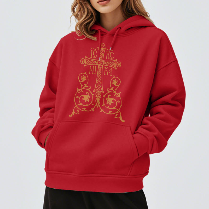 Classic Style Sacred Cross Emblem Floral Vines Fleece Lined Polyester Hoodie