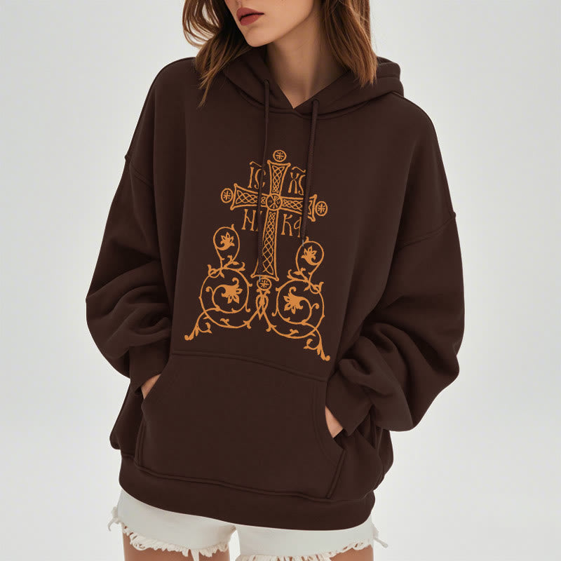 Classic Style Sacred Cross Emblem Floral Vines Fleece Lined Polyester Hoodie