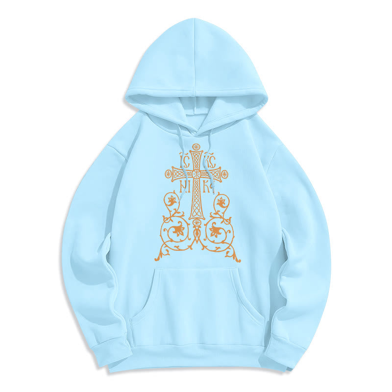 Classic Style Sacred Cross Emblem Floral Vines Fleece Lined Polyester Hoodie
