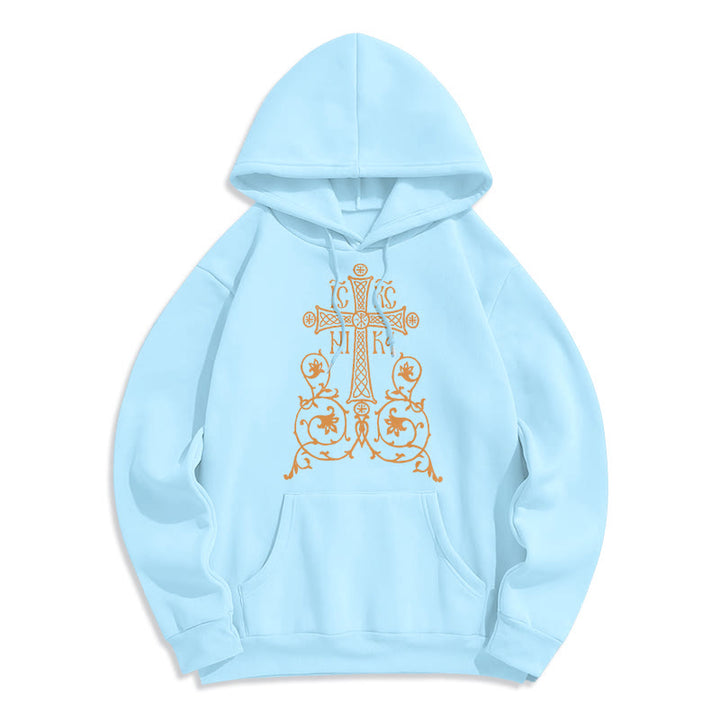 Classic Style Sacred Cross Emblem Floral Vines Fleece Lined Polyester Hoodie
