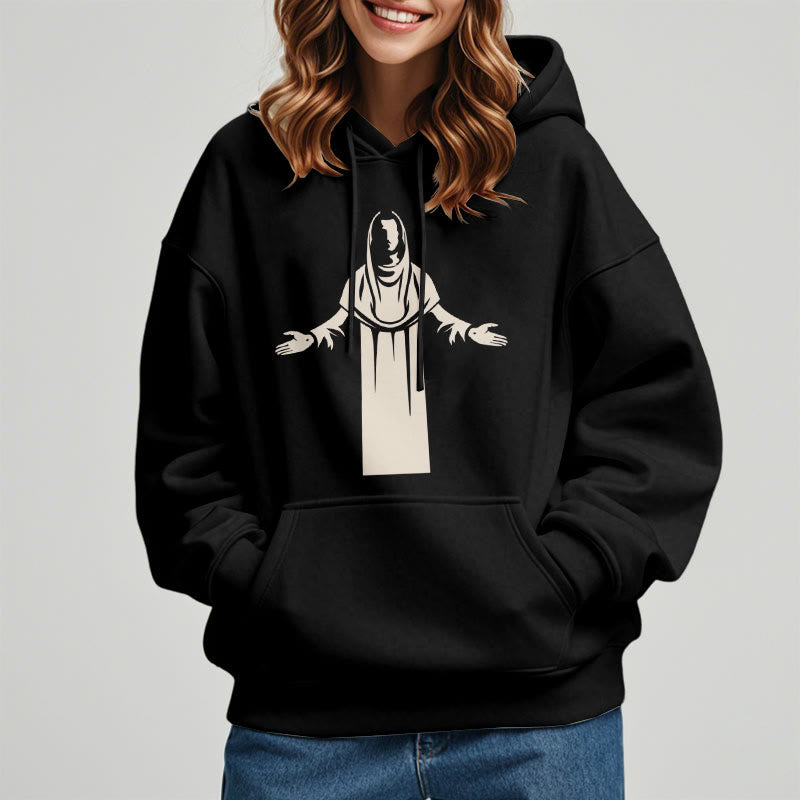 Classic Style Saint Figure Hands Open Praying Fleece Lined Polyester Hoodie