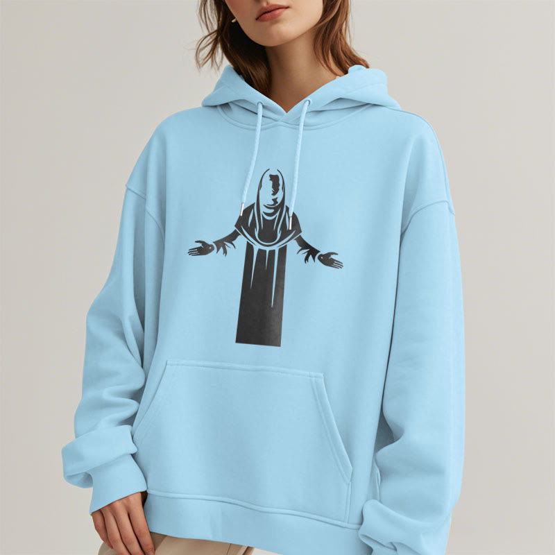 Classic Style Saint Figure Hands Open Praying Fleece Lined Polyester Hoodie