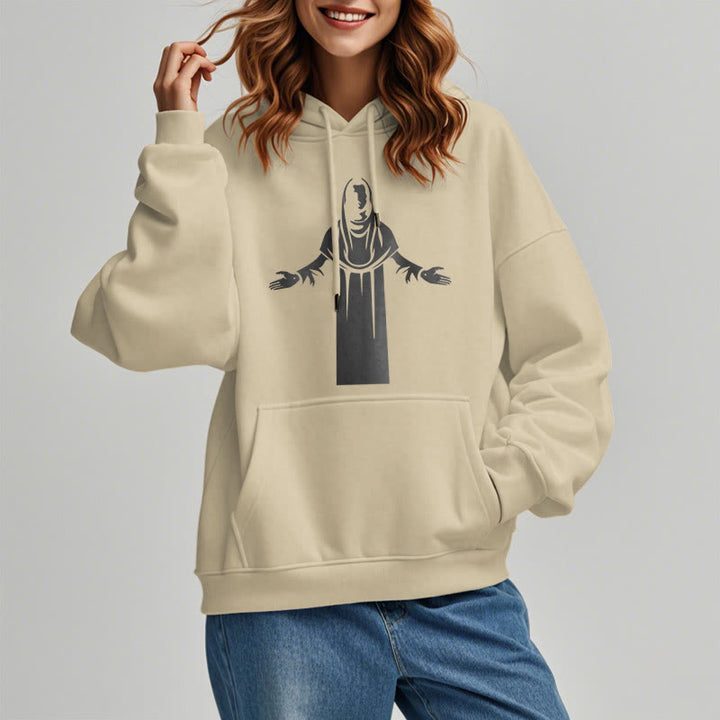 Classic Style Saint Figure Hands Open Praying Fleece Lined Polyester Hoodie