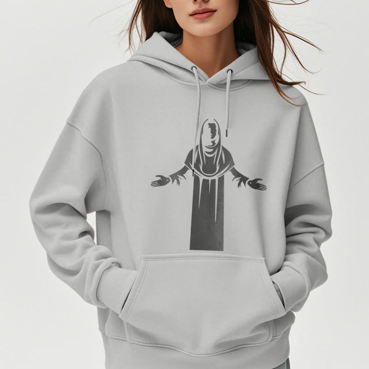 Classic Style Saint Figure Hands Open Praying Fleece Lined Polyester Hoodie