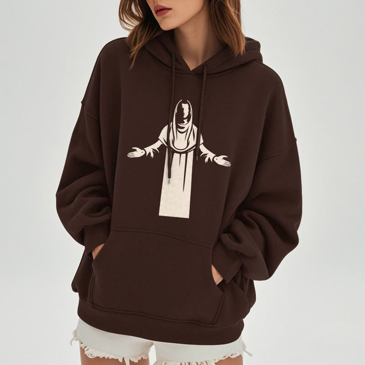Classic Style Saint Figure Hands Open Praying Fleece Lined Polyester Hoodie