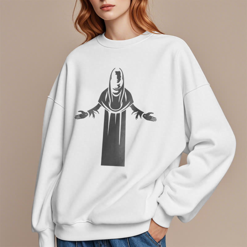 Classic Style Saint Figure Hands Open Praying Fleece Lined Polyester Sweatshirt