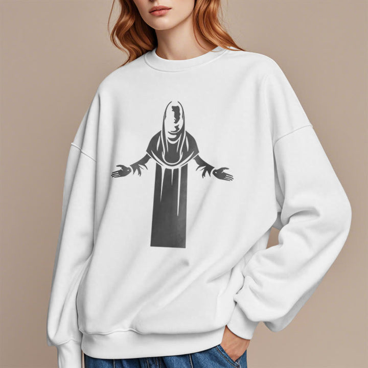 Classic Style Saint Figure Hands Open Praying Fleece Lined Polyester Sweatshirt