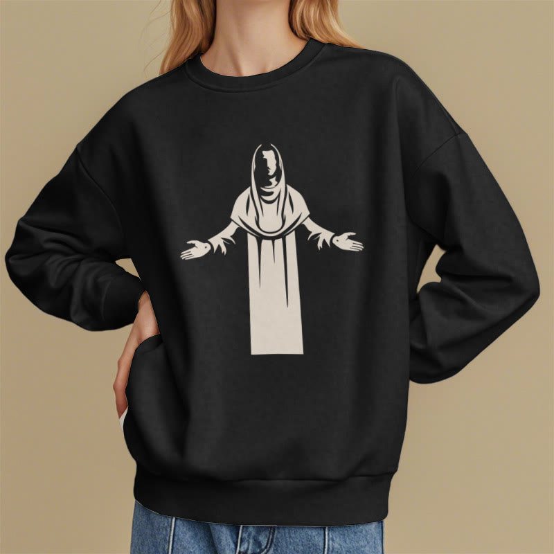 Classic Style Saint Figure Hands Open Praying Fleece Lined Polyester Sweatshirt