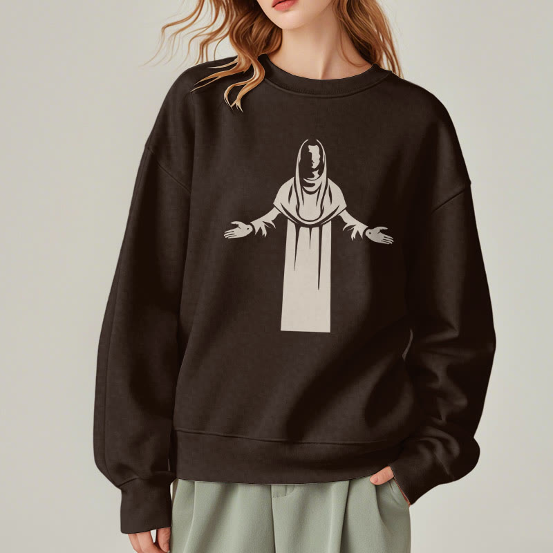 Classic Style Saint Figure Hands Open Praying Fleece Lined Polyester Sweatshirt