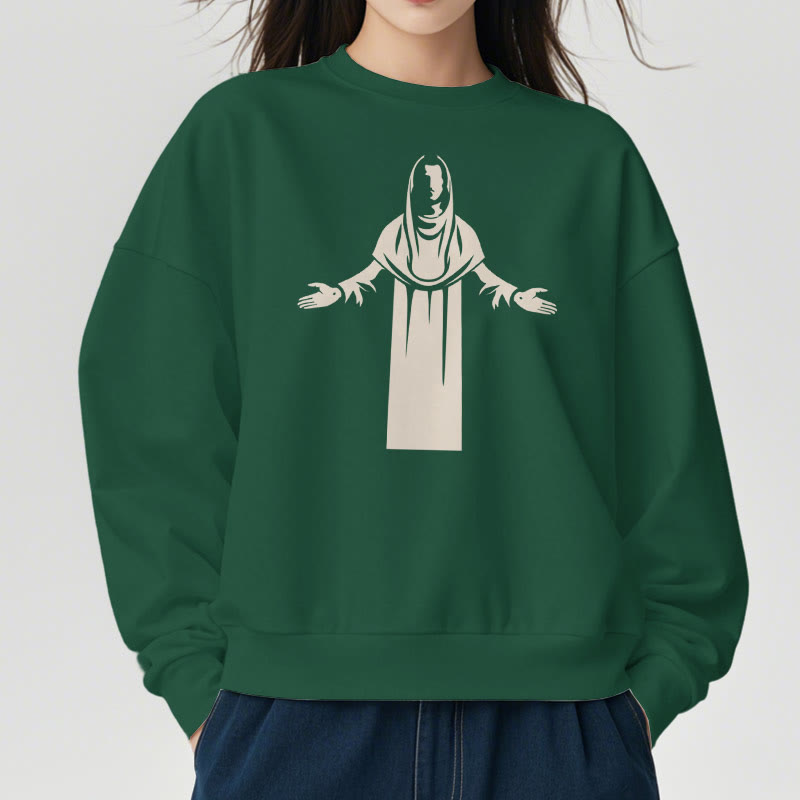 Classic Style Saint Figure Hands Open Praying Fleece Lined Polyester Sweatshirt
