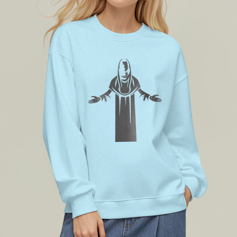 Classic Style Saint Figure Hands Open Praying Fleece Lined Polyester Sweatshirt