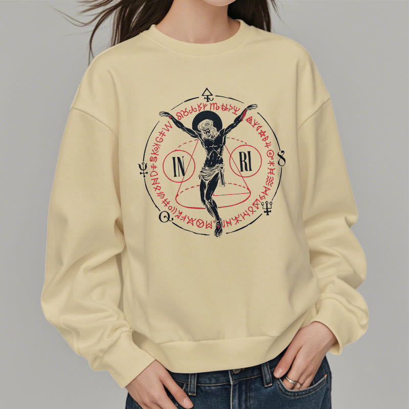 Classic Style Sacred INRI Crucifix Faith Fleece Lined Polyester Sweatshirt