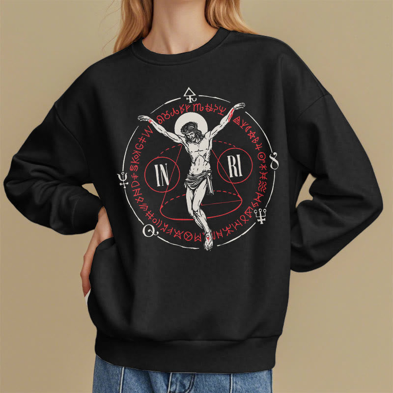 Classic Style Sacred INRI Crucifix Faith Fleece Lined Polyester Sweatshirt