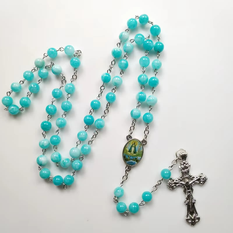 Virgin Mary & Crucifix of 8 mm Round Blue Stone Alloy Chain Rosary