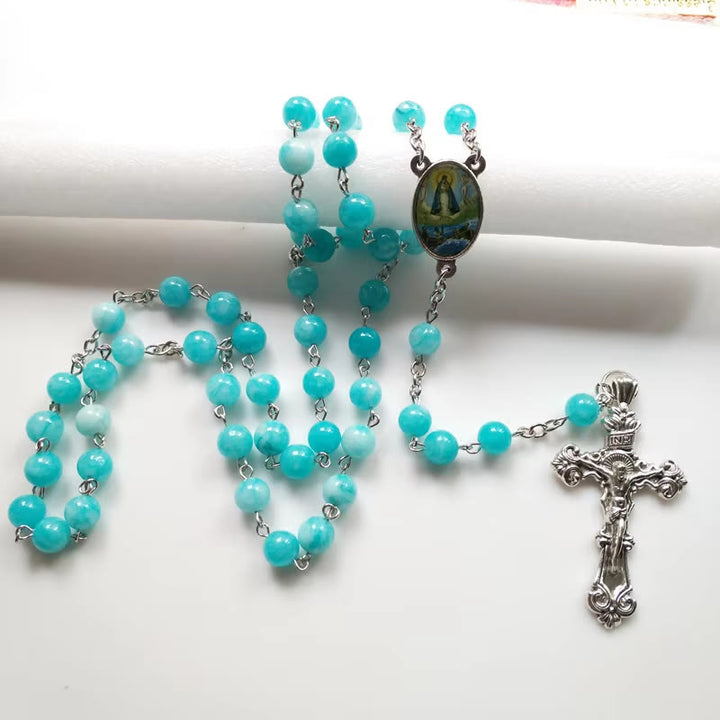 Virgin Mary & Crucifix of 8 mm Round Blue Stone Alloy Chain Rosary