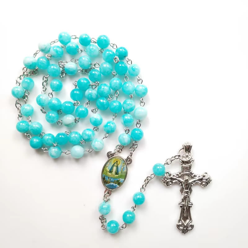Virgin Mary & Crucifix of 8 mm Round Blue Stone Alloy Chain Rosary