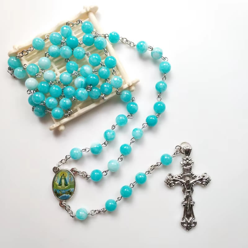 Virgin Mary & Crucifix of 8 mm Round Blue Stone Alloy Chain Rosary