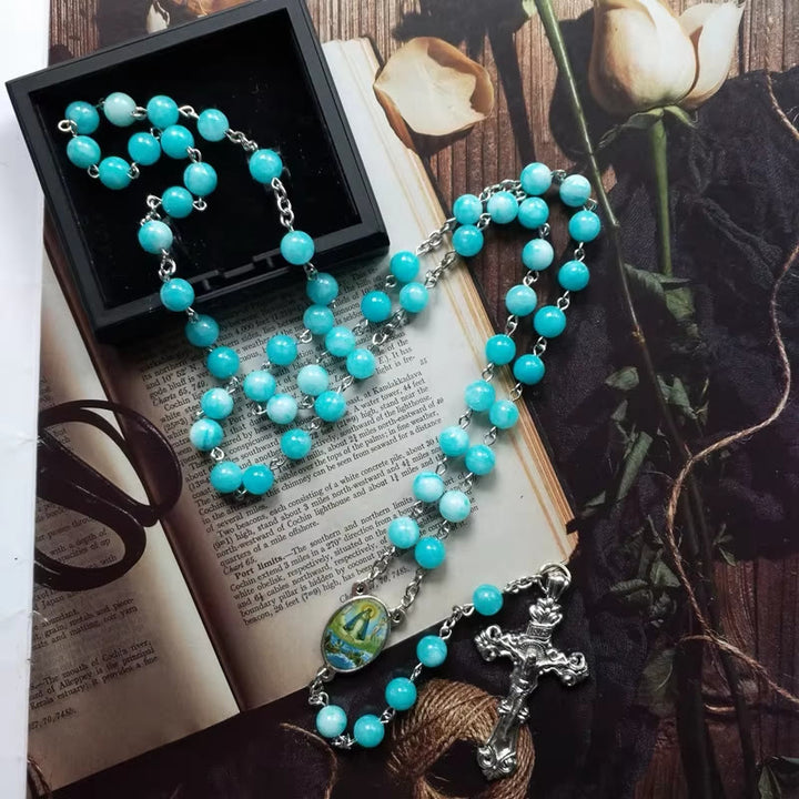 Virgin Mary & Crucifix of 8 mm Round Blue Stone Alloy Chain Rosary