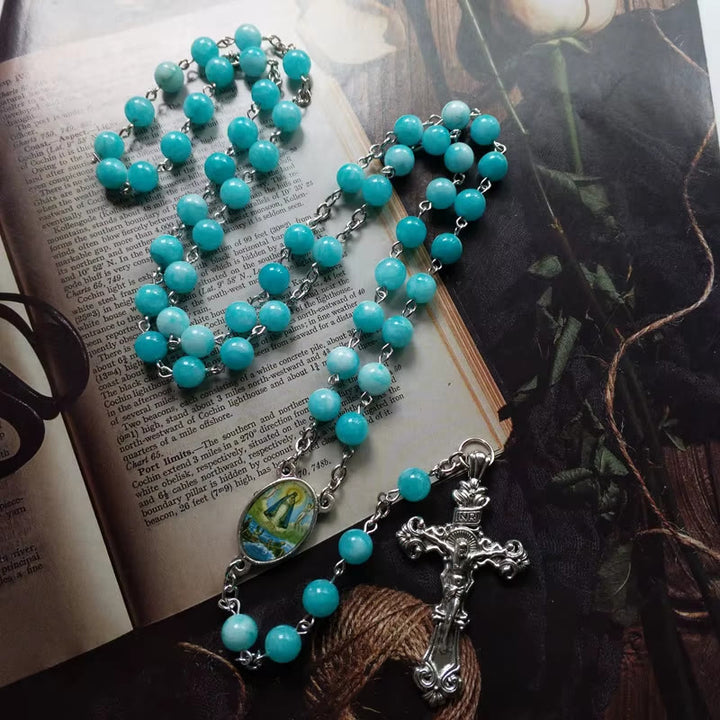 Virgin Mary & Crucifix of 8 mm Round Blue Stone Alloy Chain Rosary