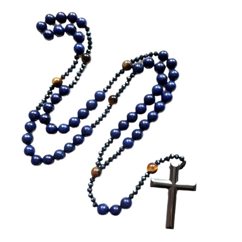 Cross of 4*8 mm Round Blue Hematite Bluestone Nylon Cord Rosary - image 4