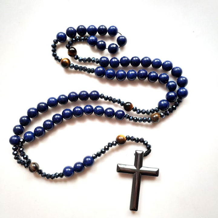 Cross of 4*8 mm Round Blue Hematite Bluestone Nylon Cord Rosary - image 3