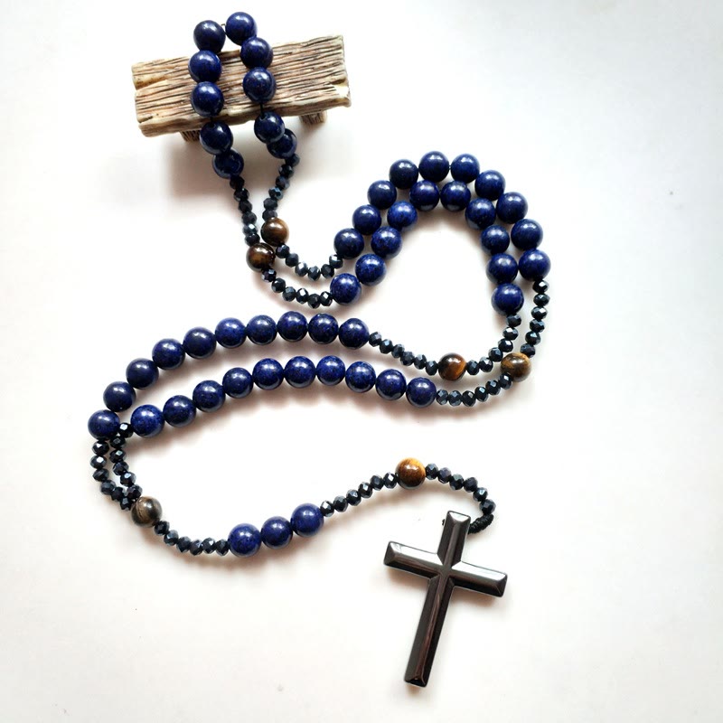 Cross of 4*8 mm Round Blue Hematite Bluestone Nylon Cord Rosary - image 2