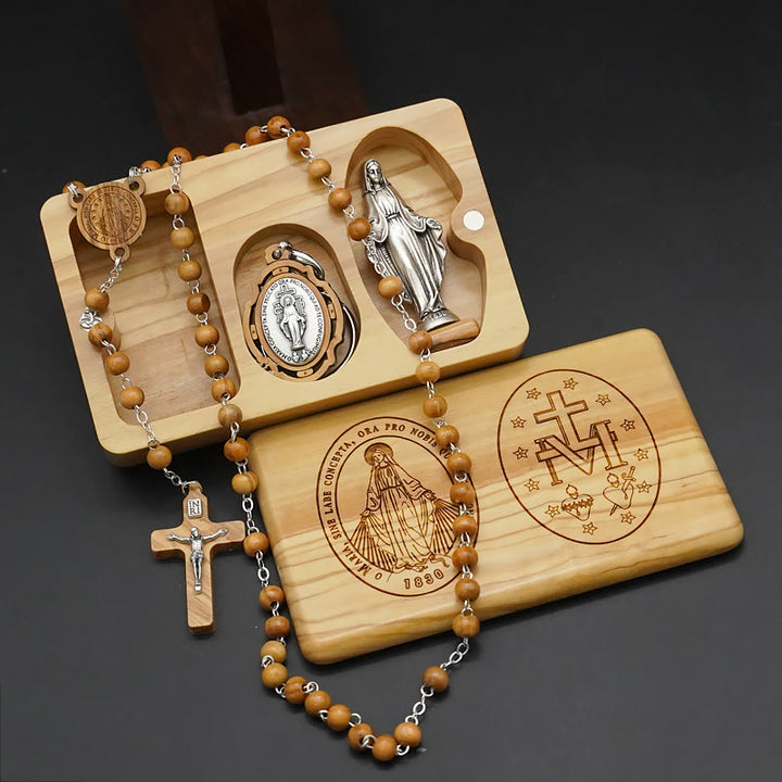 Classic Style Devotional Virgin Mary Olive Wood Rosary Set