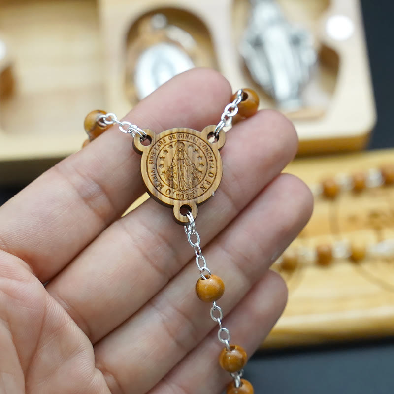 Classic Style Devotional Virgin Mary Olive Wood Rosary Set