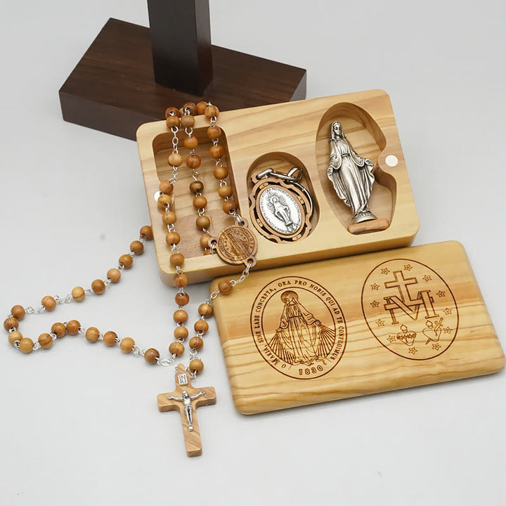 Classic Style Devotional Virgin Mary Olive Wood Rosary Set
