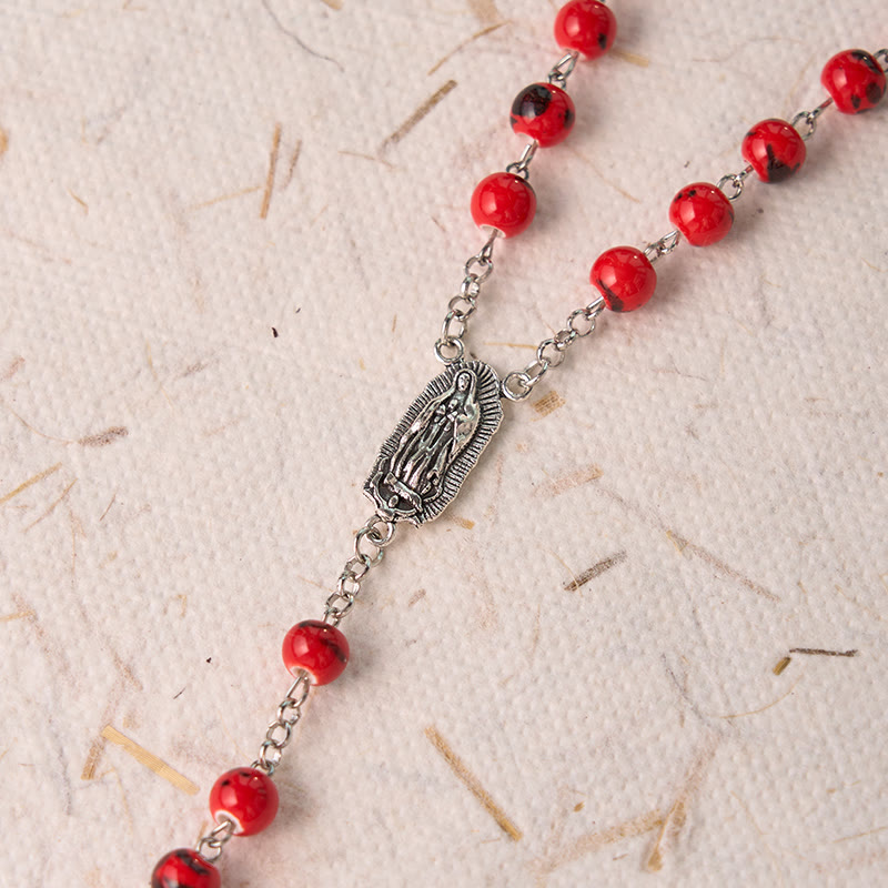 Our Lady of Guadalupe & Crucifix of 8 mm Round Red Ceramics Alloy Chain Rosary