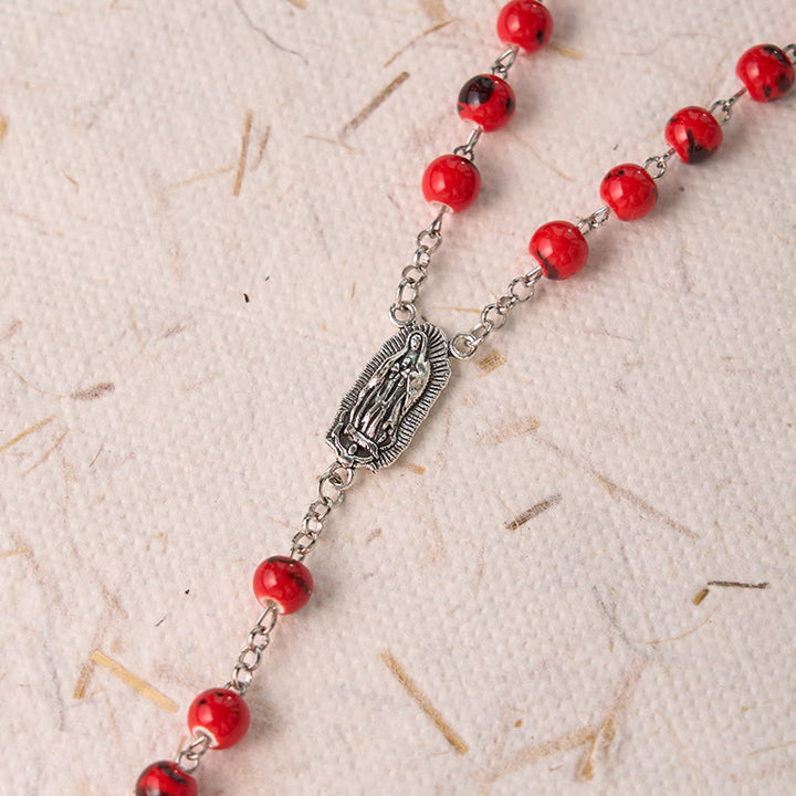 Our Lady of Guadalupe & Crucifix of 8 mm Round Red Ceramics Alloy Chain Rosary