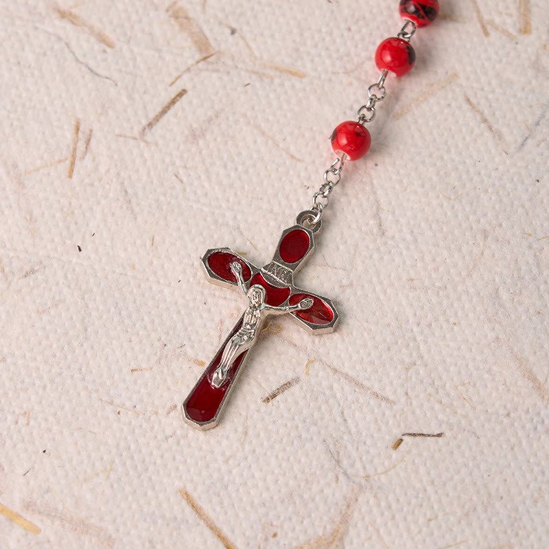 Our Lady of Guadalupe & Crucifix of 8 mm Round Red Ceramics Alloy Chain Rosary