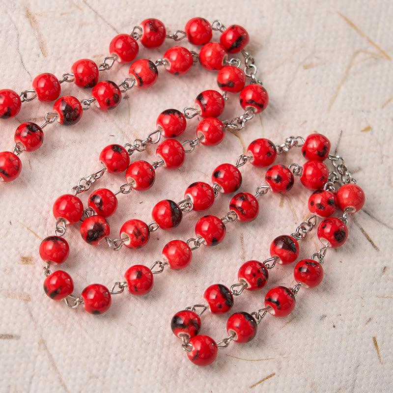 Our Lady of Guadalupe & Crucifix of 8 mm Round Red Ceramics Alloy Chain Rosary