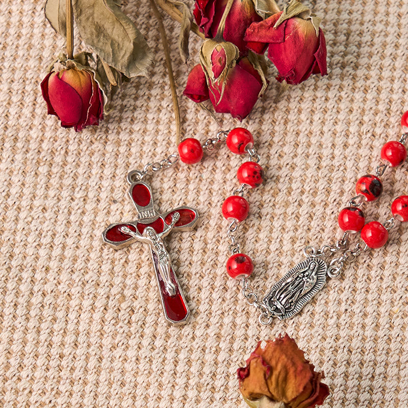 Our Lady of Guadalupe & Crucifix of 8 mm Round Red Ceramics Alloy Chain Rosary