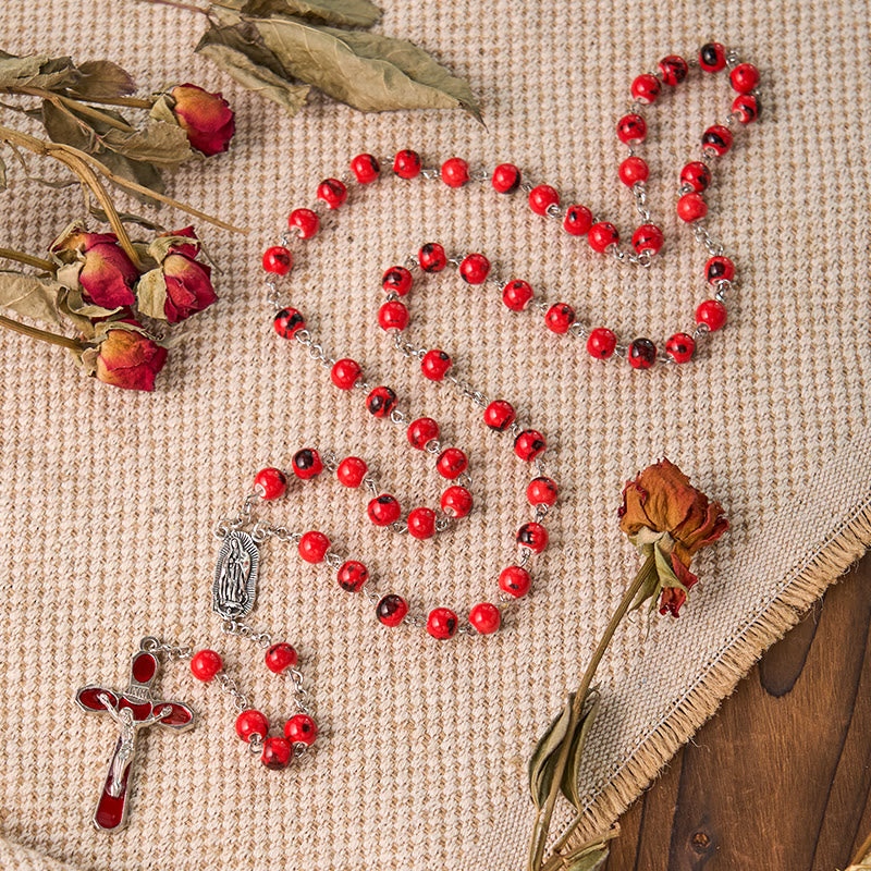 Our Lady of Guadalupe & Crucifix of 8 mm Round Red Ceramics Alloy Chain Rosary