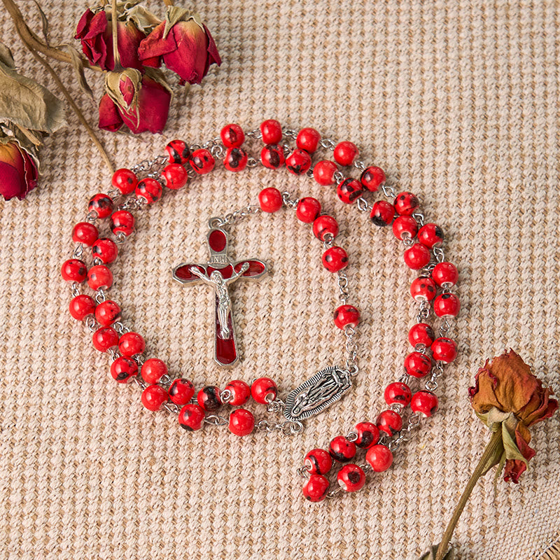 Our Lady of Guadalupe & Crucifix of 8 mm Round Red Ceramics Alloy Chain Rosary