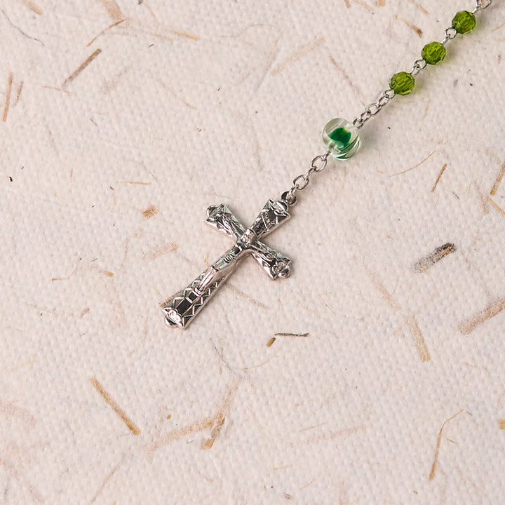 Assumption of Virgin Mary & Crucifix of 6 mm Polyhedron Green Crystal Alloy Chain Rosary