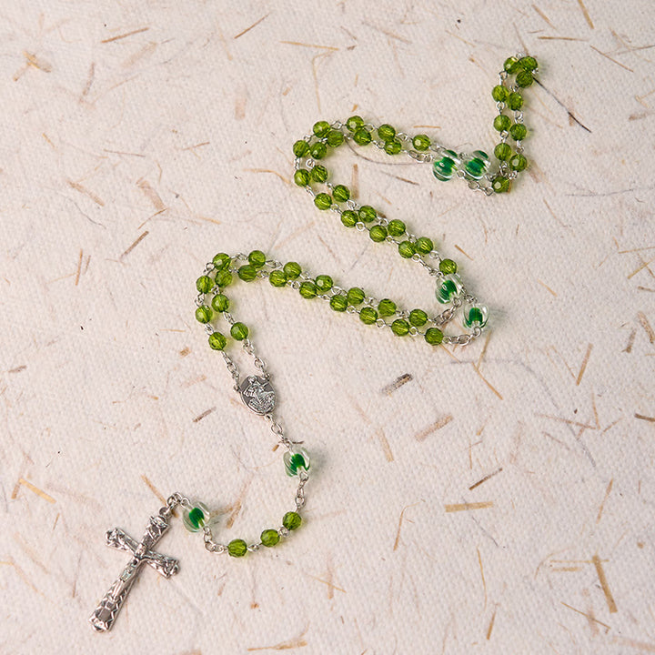 Assumption of Virgin Mary & Crucifix of 6 mm Polyhedron Green Crystal Alloy Chain Rosary