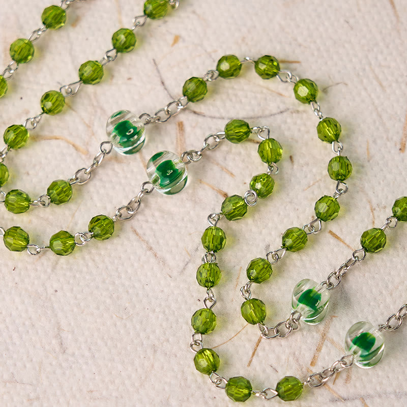 Assumption of Virgin Mary & Crucifix of 6 mm Polyhedron Green Crystal Alloy Chain Rosary