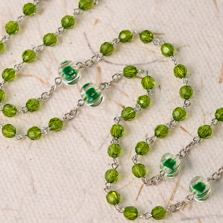 Assumption of Virgin Mary & Crucifix of 6 mm Polyhedron Green Crystal Alloy Chain Rosary