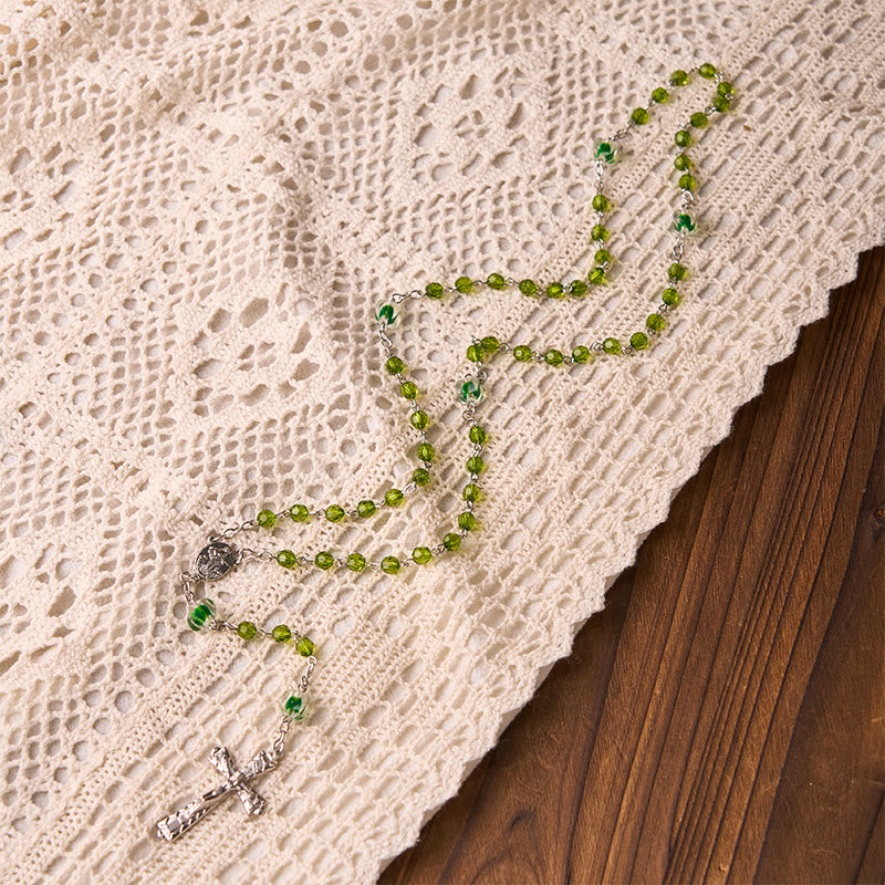 Assumption of Virgin Mary & Crucifix of 6 mm Polyhedron Green Crystal Alloy Chain Rosary