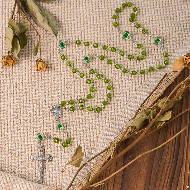 Assumption of Virgin Mary & Crucifix of 6 mm Polyhedron Green Crystal Alloy Chain Rosary