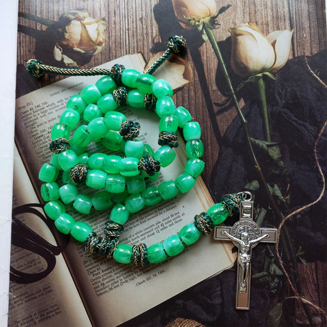 St. Benedict Crucifix of 12 mm Bucket Light Green Acrylic Paracord Rosary