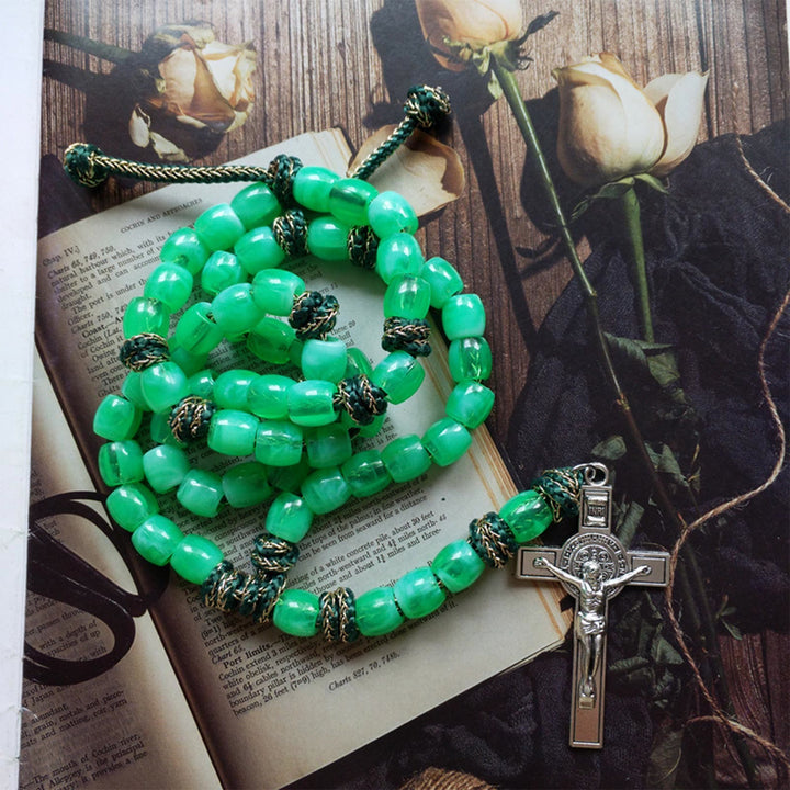 St. Benedict Crucifix of 12 mm Bucket Light Green Acrylic Paracord Rosary
