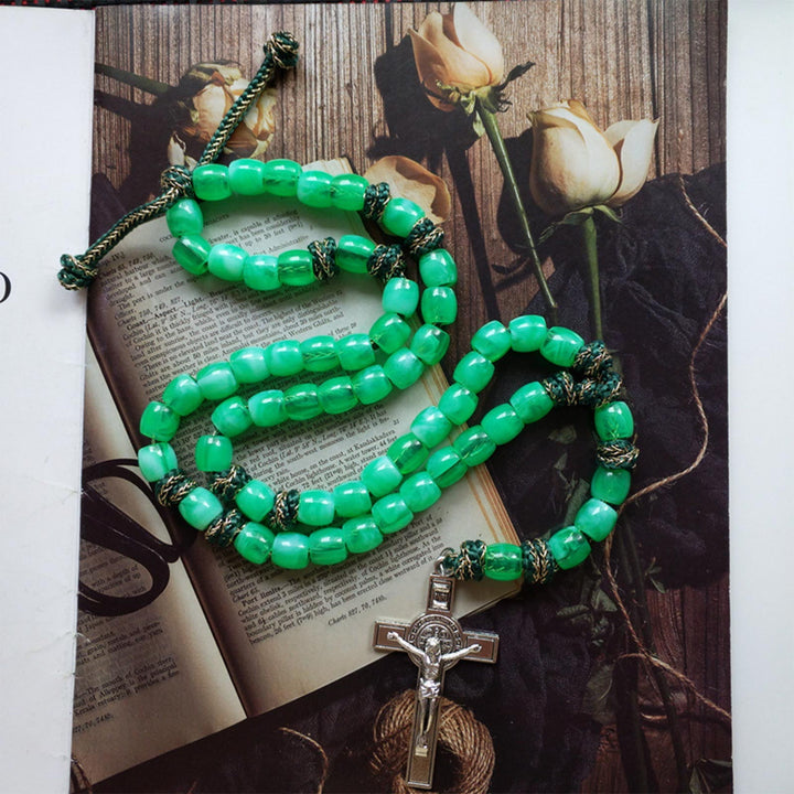 St. Benedict Crucifix of 12 mm Bucket Light Green Acrylic Paracord Rosary