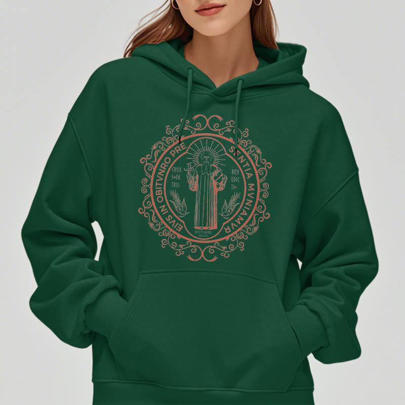 Classic Style Floral St. Benedict Embelm Fleece Lined Polyester Hoodie
